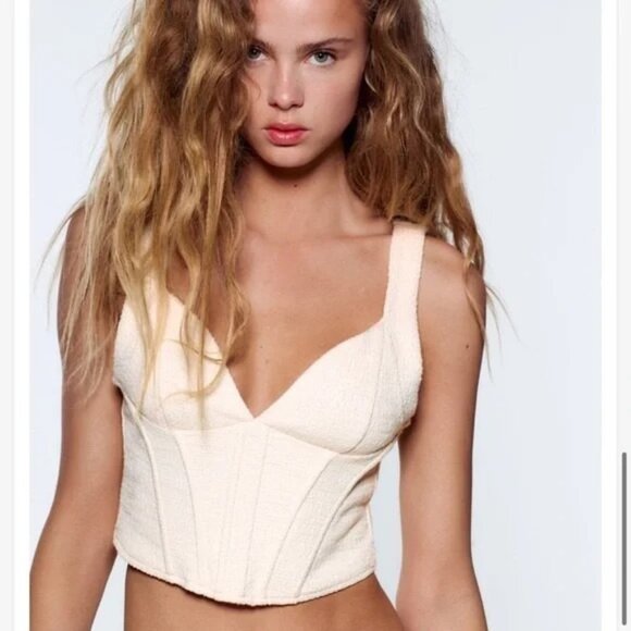 Zara Cream Textured Corset Tank Top Size L - Picture 1 of 7